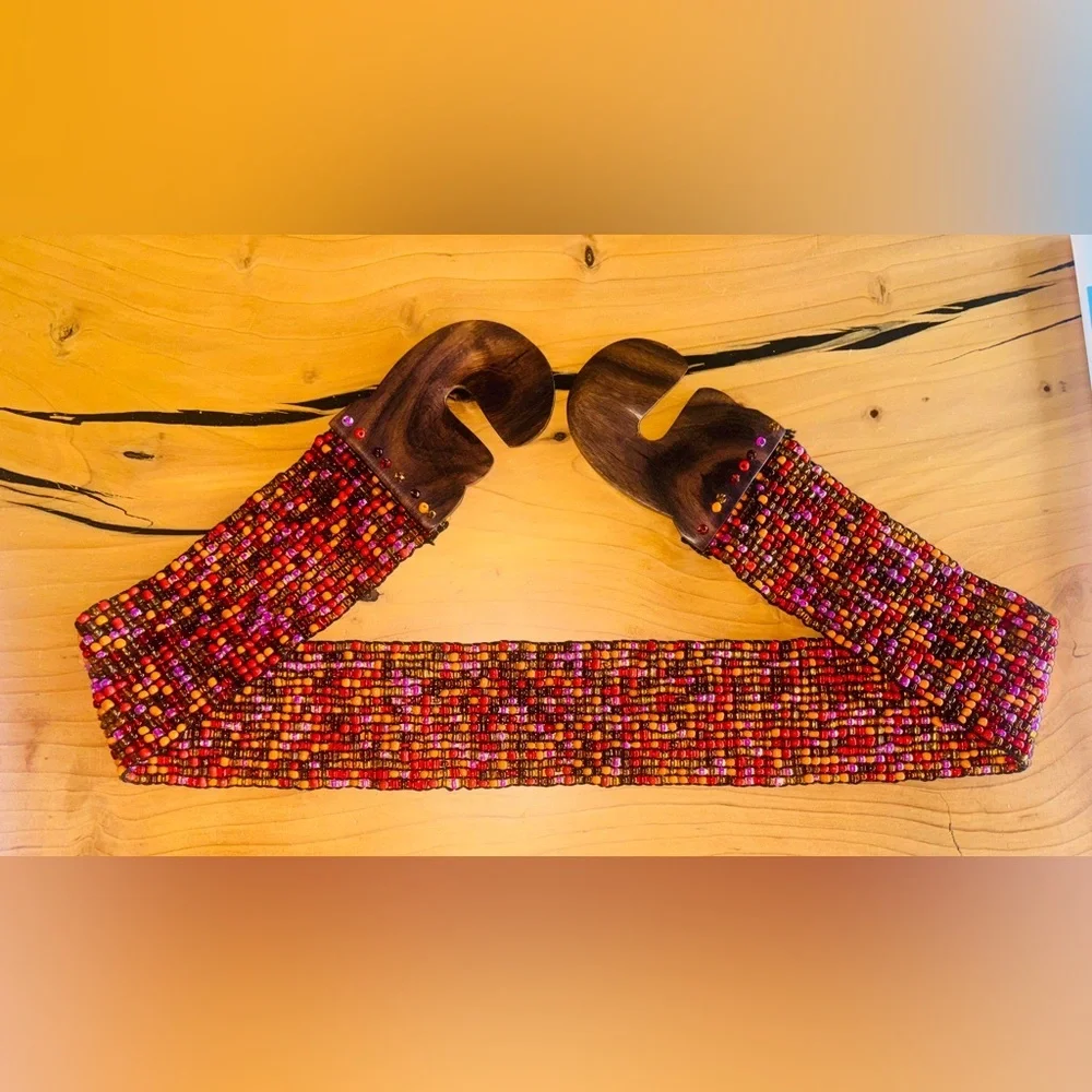 Glass Beaded Belt Wood 3” in Antique Orange Size 30”-34”